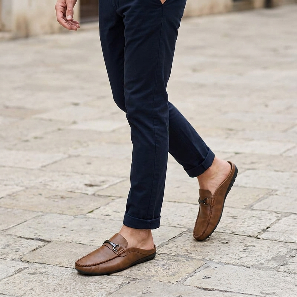 Murano Leather Mules — Tan, three-quarter open-back studio view