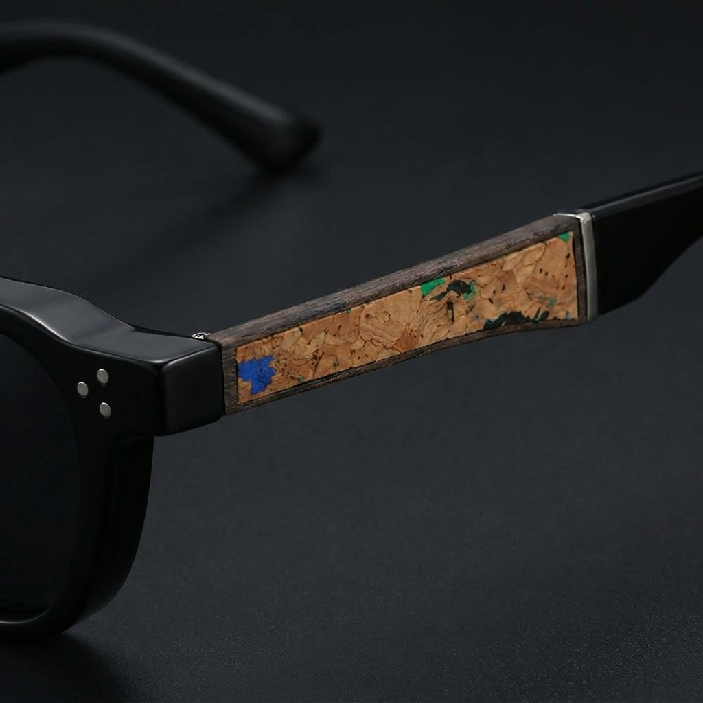 Pizzo Cork Sunglasses — Black, cork arm detail
