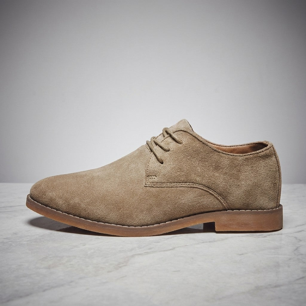 Bari Suede Oxfords — Khaki, side profile on marble