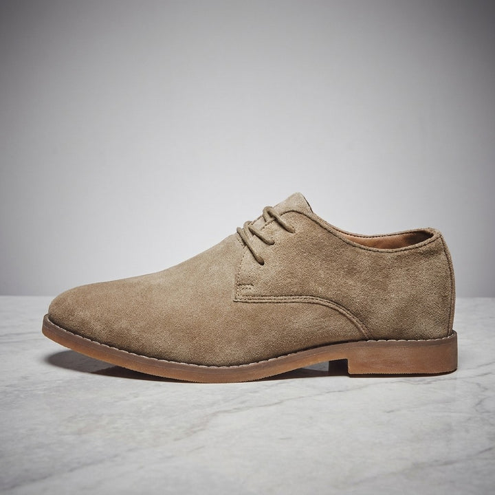 Bari Suede Oxfords — Khaki, side profile on marble
