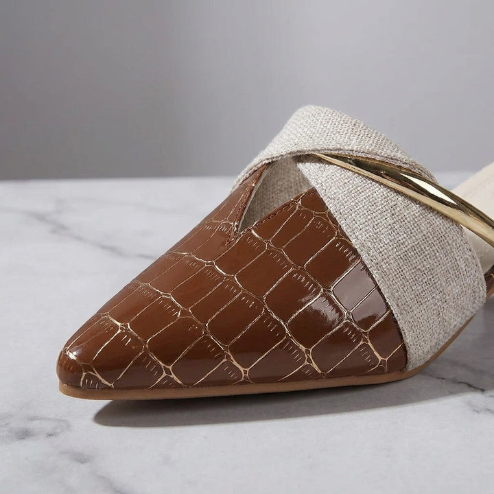 Tivoli Croc-Embossed Mules — Khaki, construction close-up