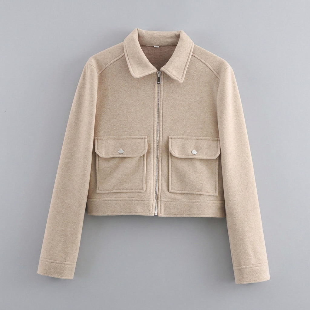 Udine Cropped Jacket — Khaki, flat lay front on grey seamless