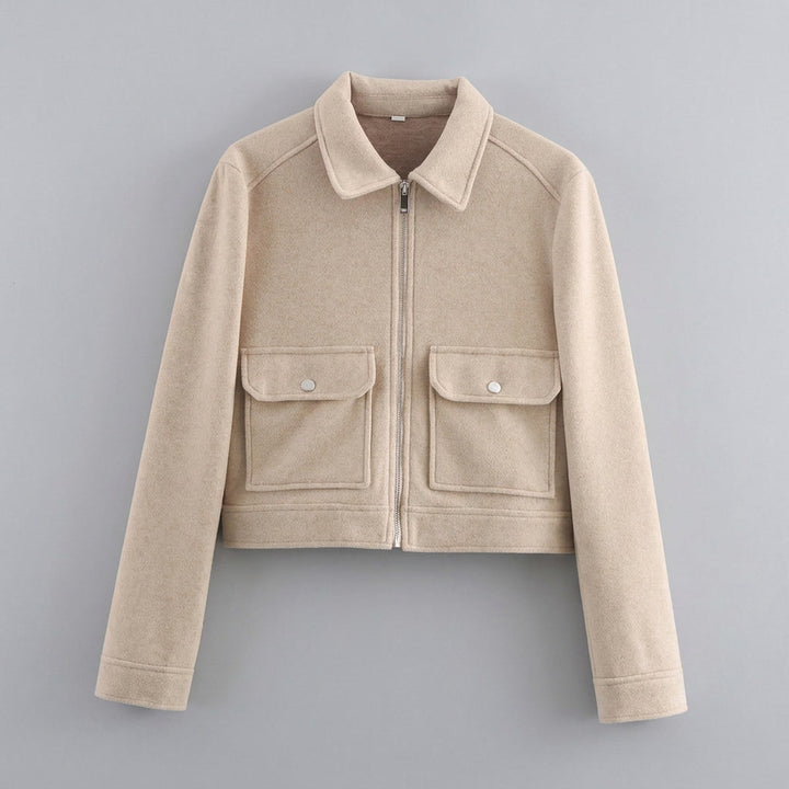 Udine Cropped Jacket — Khaki, flat lay front on grey seamless