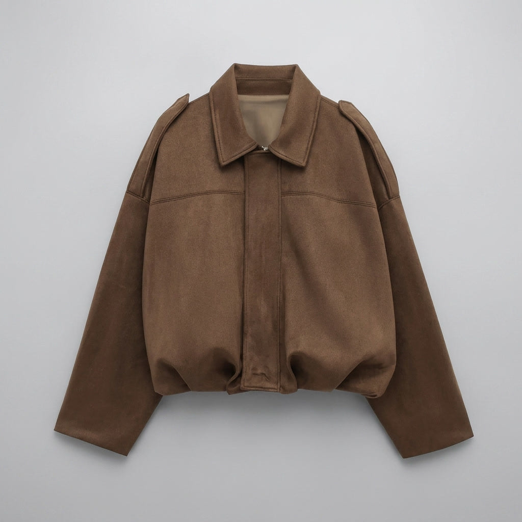 Ancona Suede Jacket — Khaki, flat lay front on grey seamless