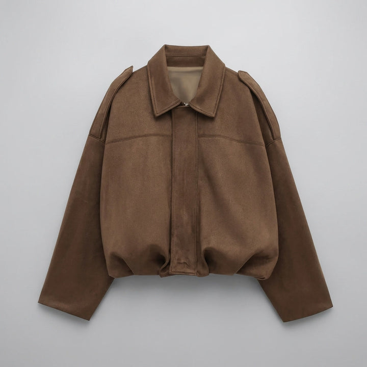 Ancona Suede Jacket — Khaki, flat lay front on grey seamless