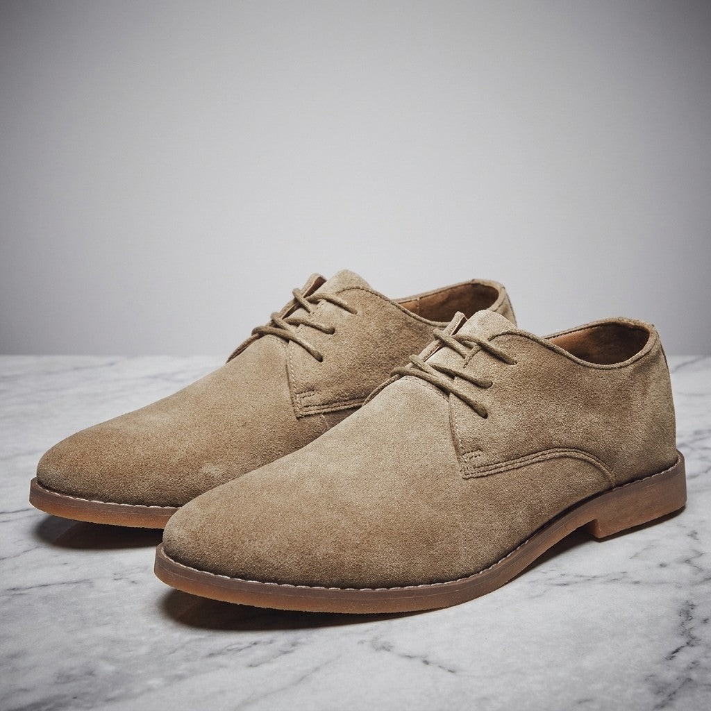 Bari Suede Oxfords — Khaki, pair on marble