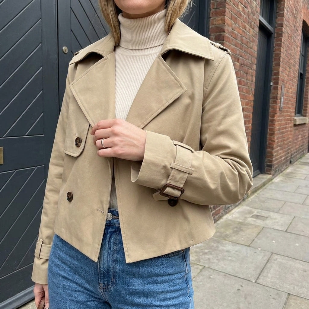 Spezia Cropped Trench — Khaki, lifestyle worn detail