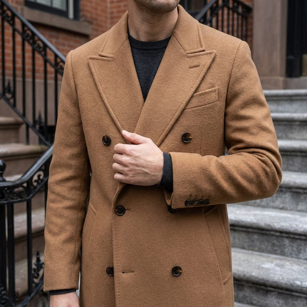 Fermo Wool-Blend Overcoat — Khaki, lifestyle worn detail