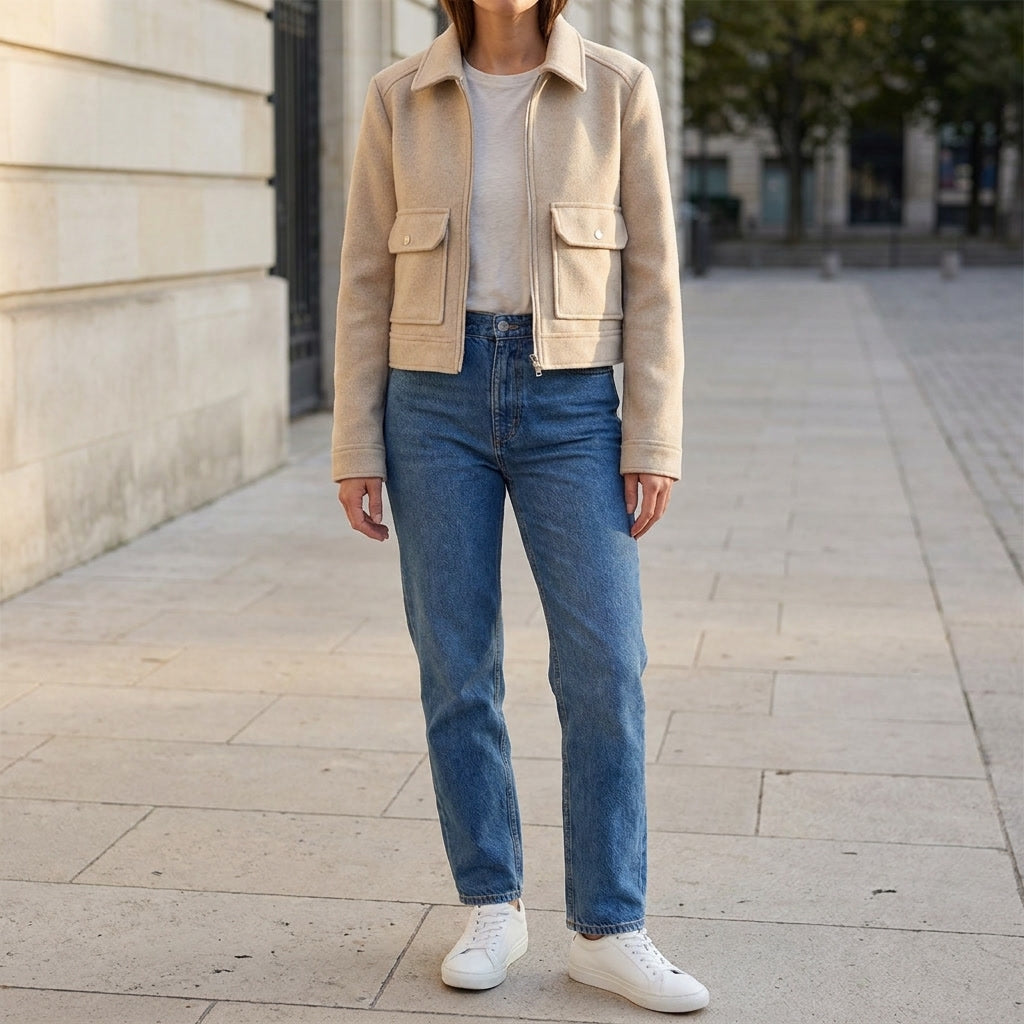 Udine Cropped Jacket — Khaki, lifestyle close crop on model
