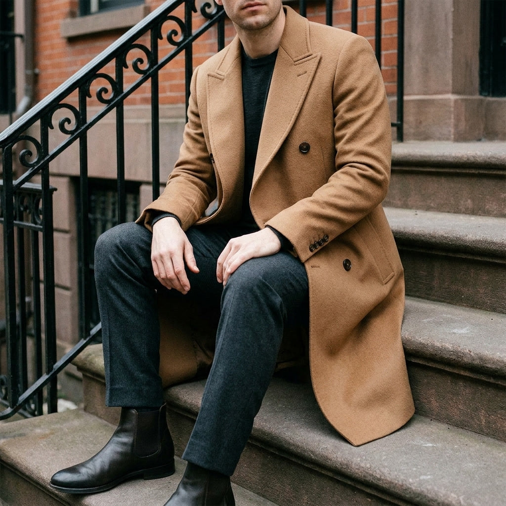 Fermo Wool-Blend Overcoat — Khaki, lifestyle close crop