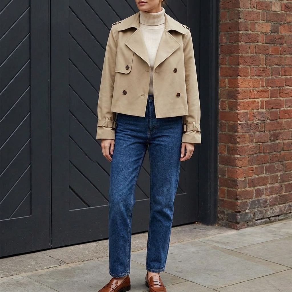 Spezia Cropped Trench — Khaki, lifestyle close crop