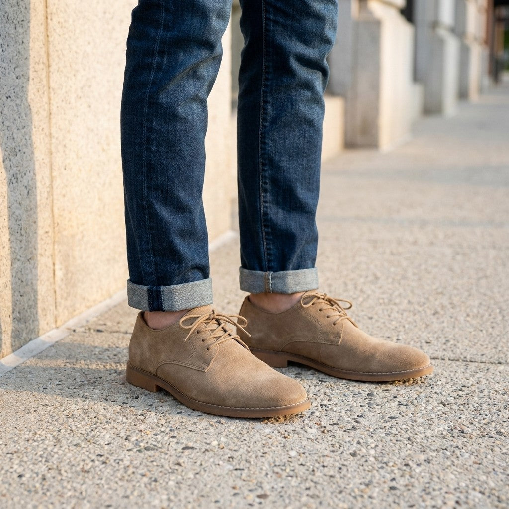 Bari Suede Oxfords — Khaki, on-model office sidewalk lifestyle