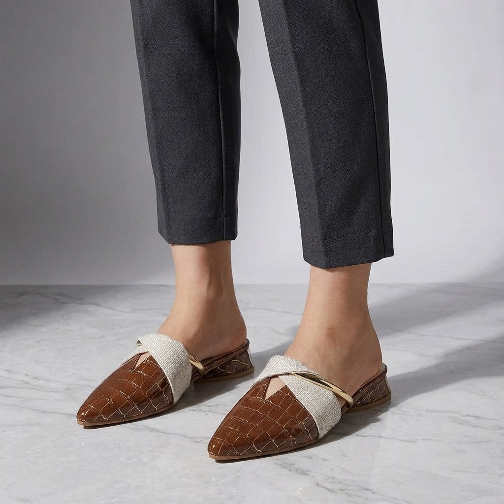 Tivoli Croc-Embossed Mules — Khaki, on model knee-down studio