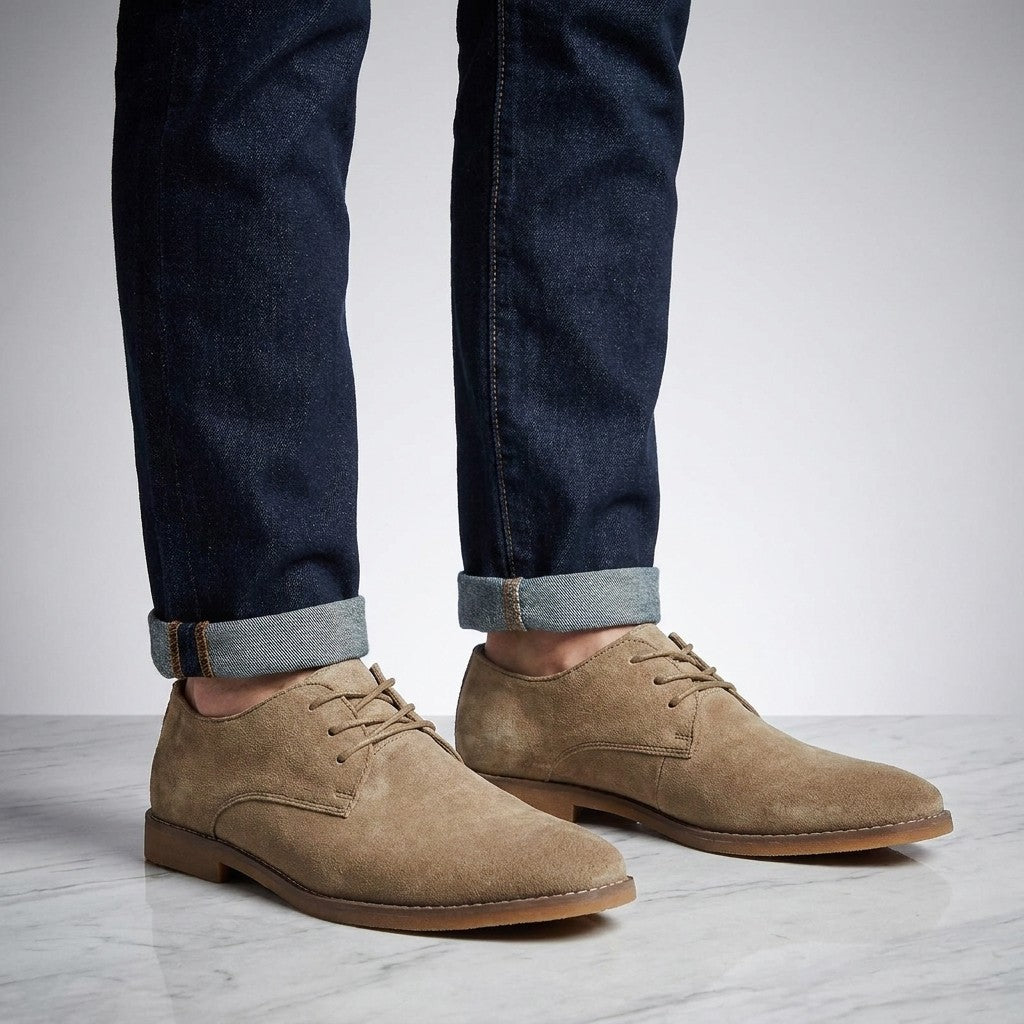 Bari Suede Oxfords — Khaki, on-model knee-down studio