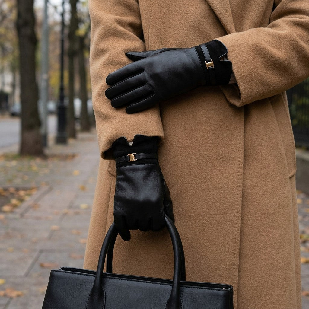 Malcesine Slim Gloves — Black, worn with a camel coat on an autumn street