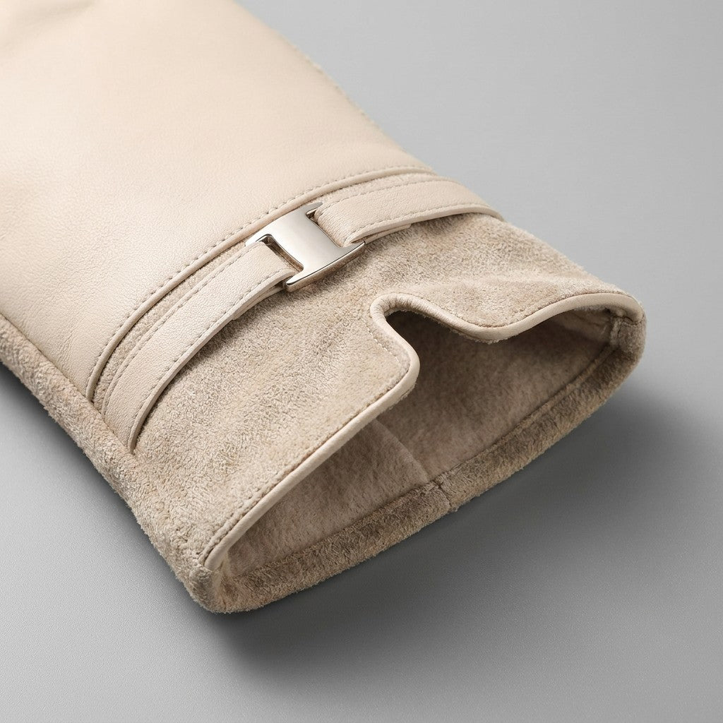 Malcesine Slim Gloves — Cream, close-up of cuff strap, gold buckle and lining