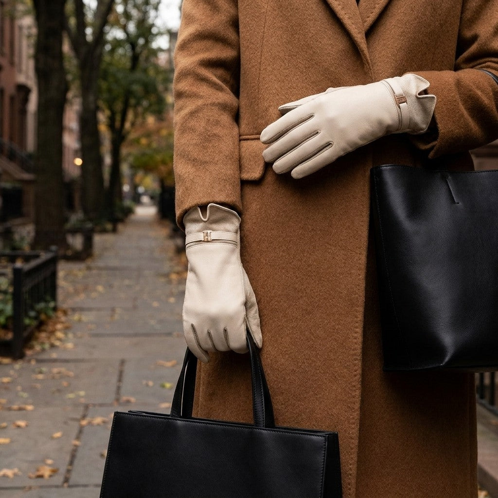 Malcesine Slim Gloves — Cream, worn with a camel coat on an autumn street