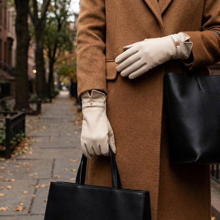 Malcesine Slim Gloves — Cream, worn with a camel coat on an autumn street