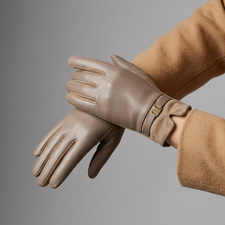 Malcesine Slim Gloves — Taupe, worn by a woman, studio