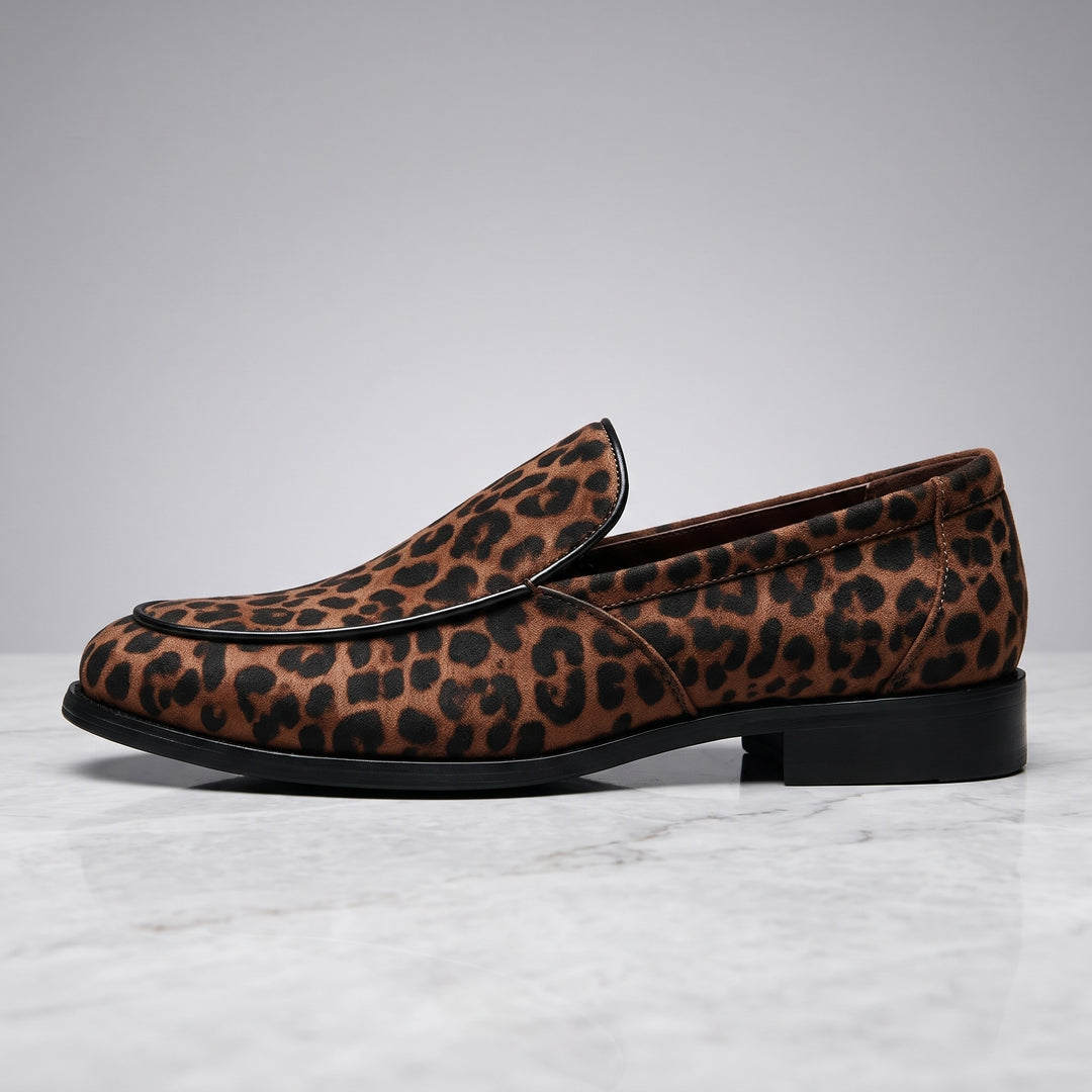 Mantova Suede Loafers — Brown Leopard, side profile of a single loafer showing the low heel