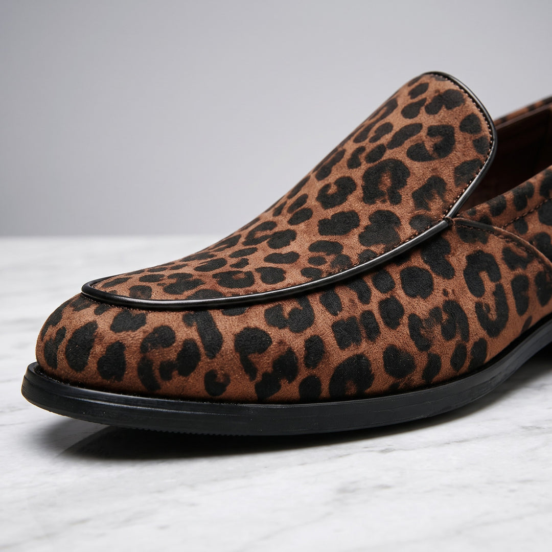 Mantova Suede Loafers — Brown Leopard, close view of the leopard print, moc-front stitching and black piping
