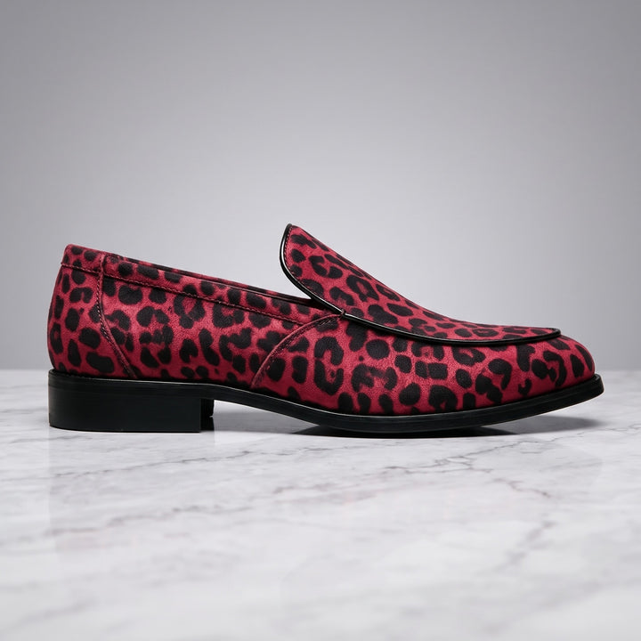 Mantova Suede Loafers — Red Leopard, side profile of a single loafer showing the low heel