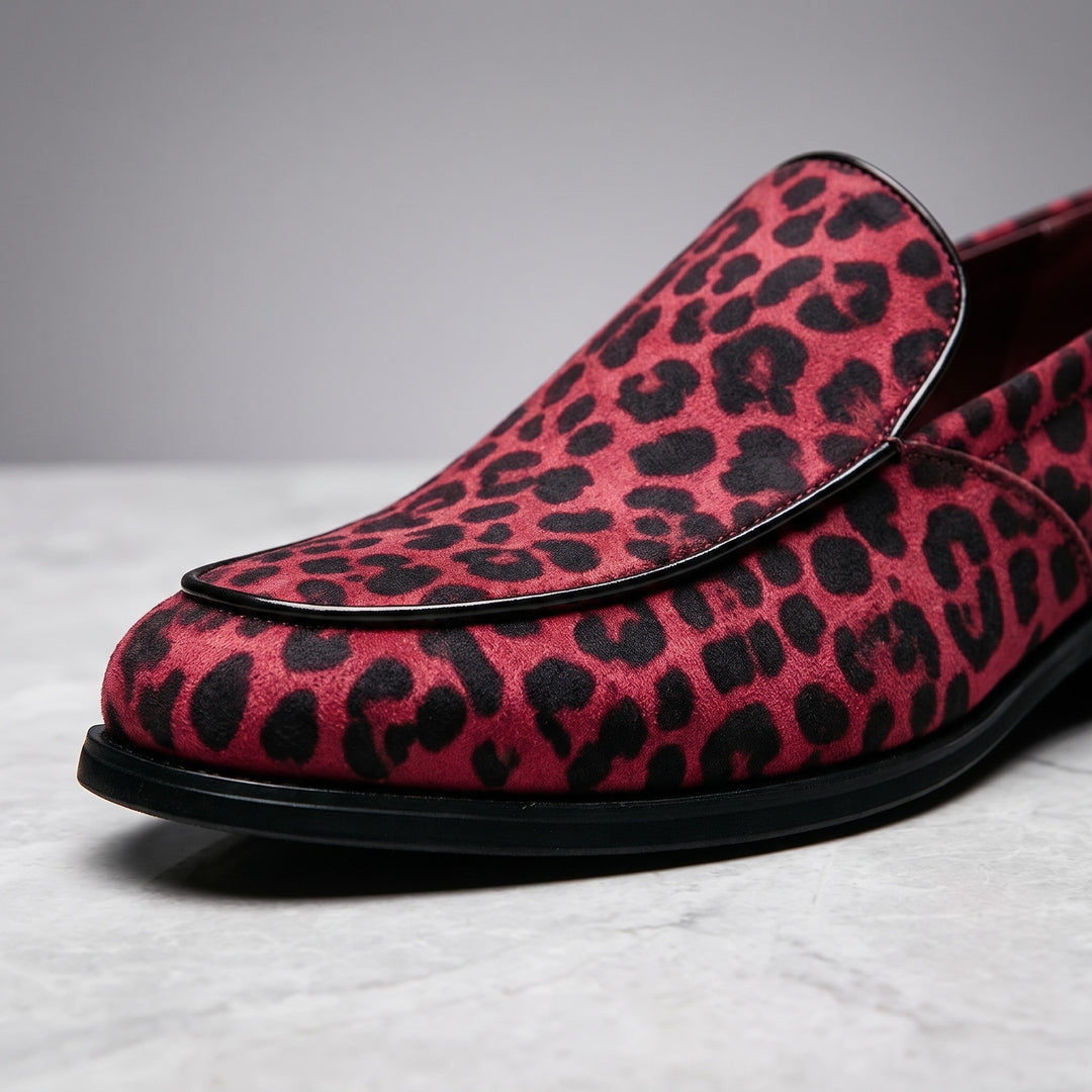 Mantova Suede Loafers — Red Leopard, close view of the leopard print, moc-front stitching and black piping
