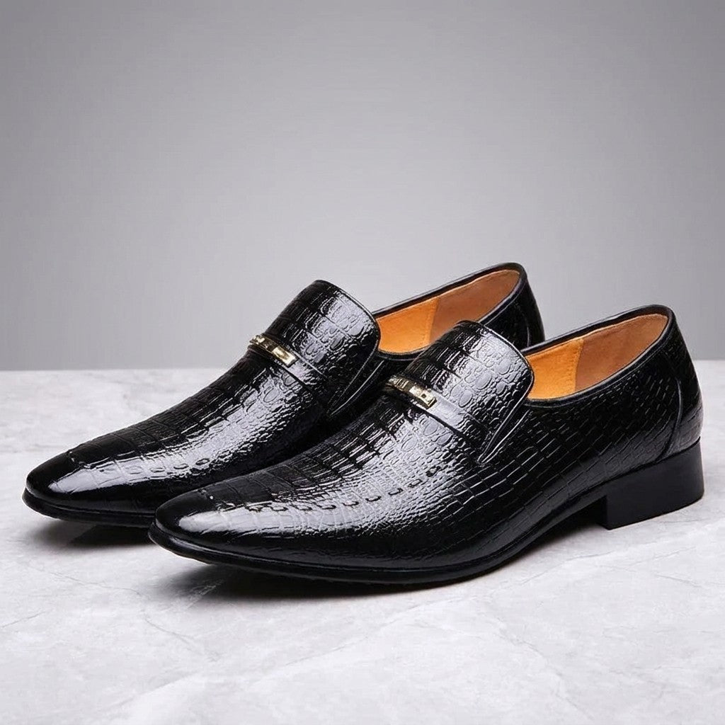 Snakeskin Loafers — Black, three-quarter pair