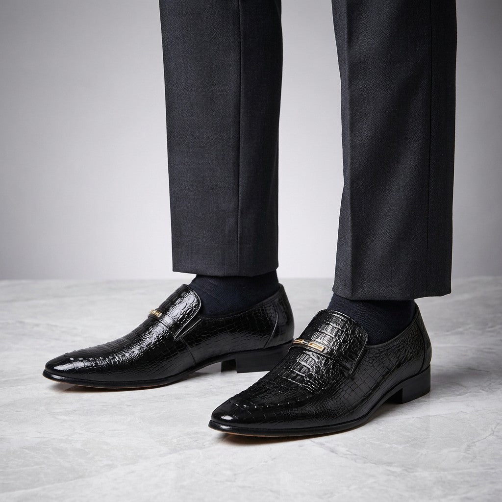 Snakeskin Loafers — Black, worn on foot, studio