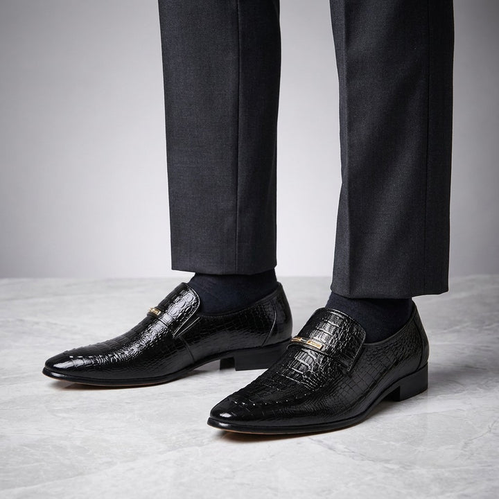 Snakeskin Loafers — Black, worn on foot, studio