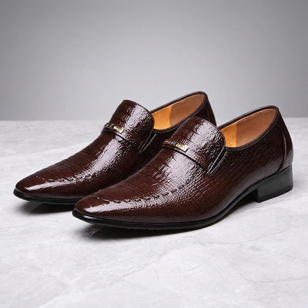 Snakeskin Loafers — Chocolate, three-quarter pair