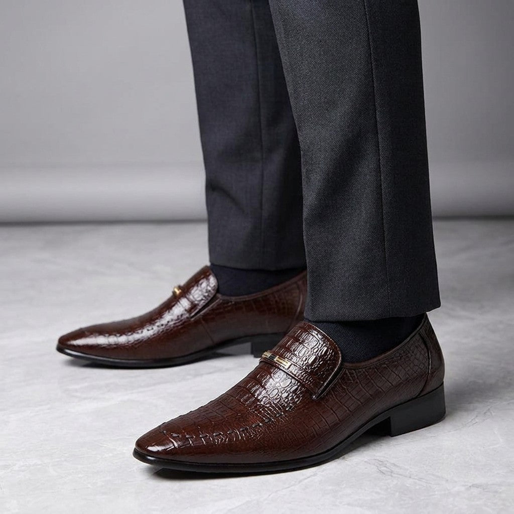 Snakeskin Loafers — Chocolate, worn on foot, studio