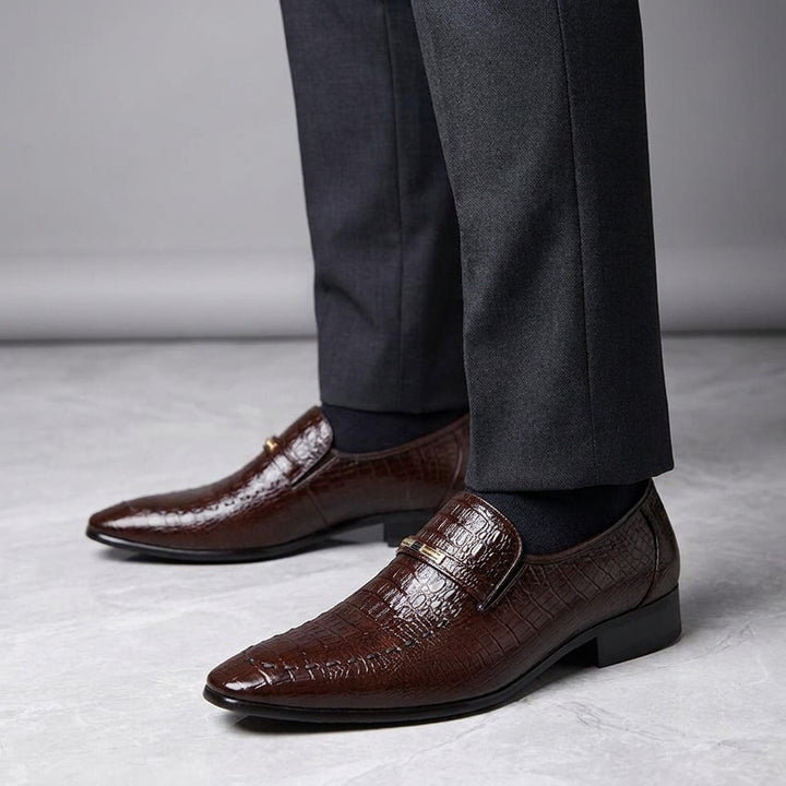 Snakeskin Loafers — Chocolate, worn on foot, studio