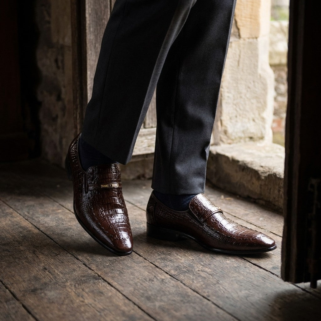 Snakeskin Loafers — Chocolate, worn on foot, church foyer