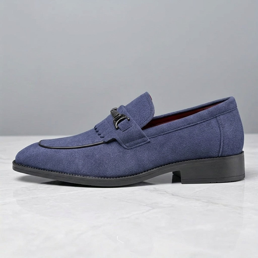 Modica Kiltie Bit Loafers — Blue suede, single loafer in side profile on light grey marble