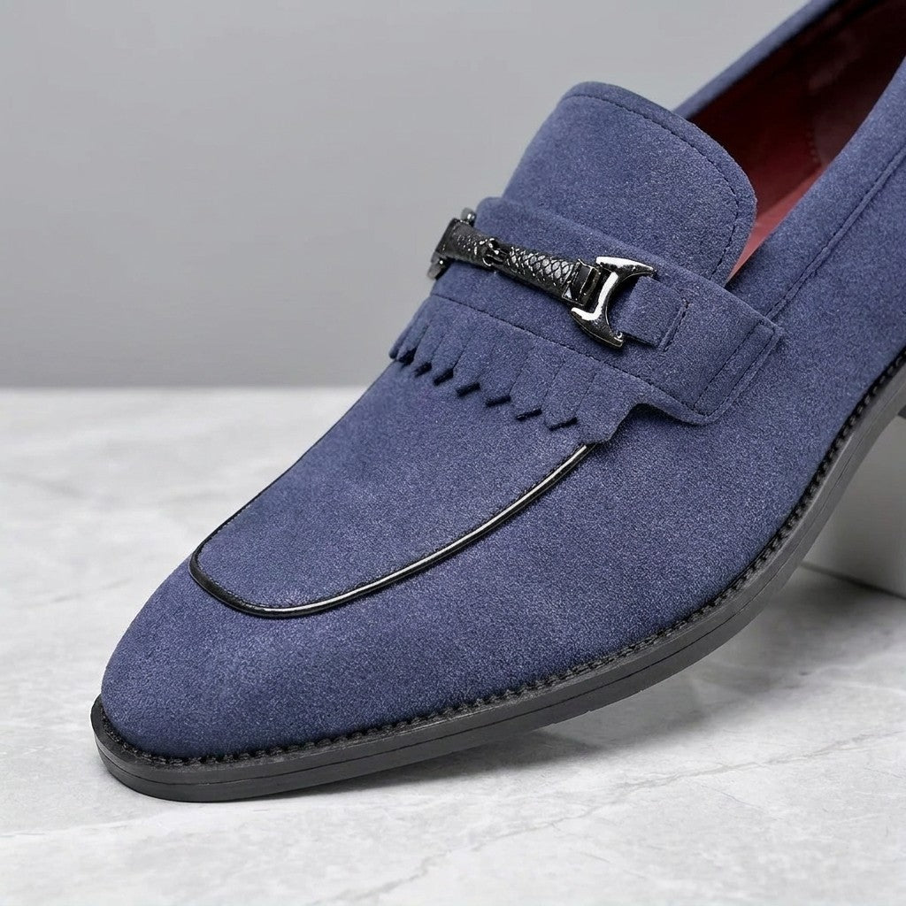 Modica Kiltie Bit Loafers — Blue suede, close-up of the silver-tone bit, fringed kiltie and almond toe