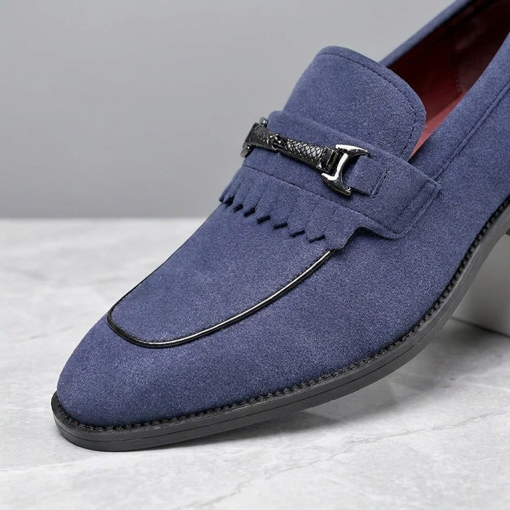 Modica Kiltie Bit Loafers — Blue suede, close-up of the silver-tone bit, fringed kiltie and almond toe