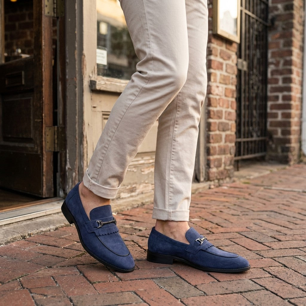 Modica Kiltie Bit Loafers — Blue suede, worn with cuffed stone chinos on a brick sidewalk