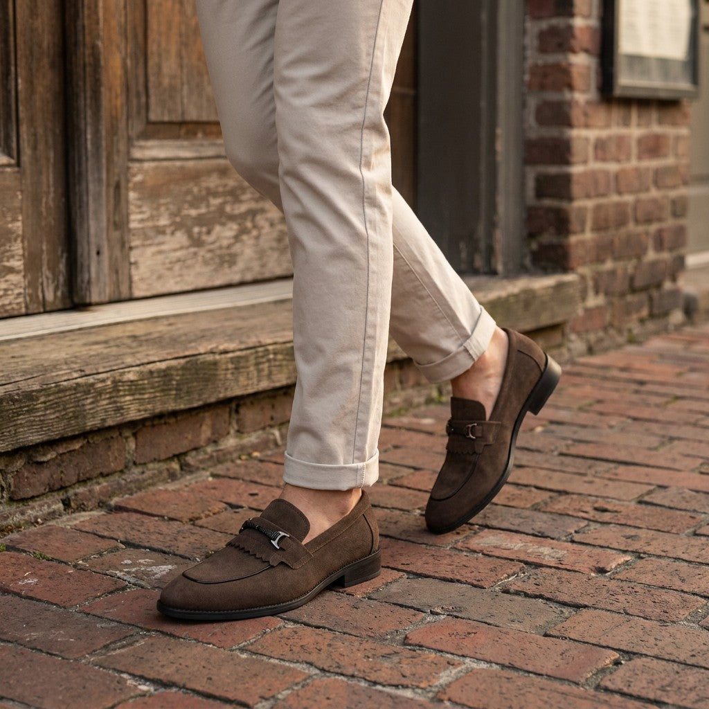 Modica Kiltie Bit Loafers — Brown suede, worn with cuffed stone chinos on a brick sidewalk
