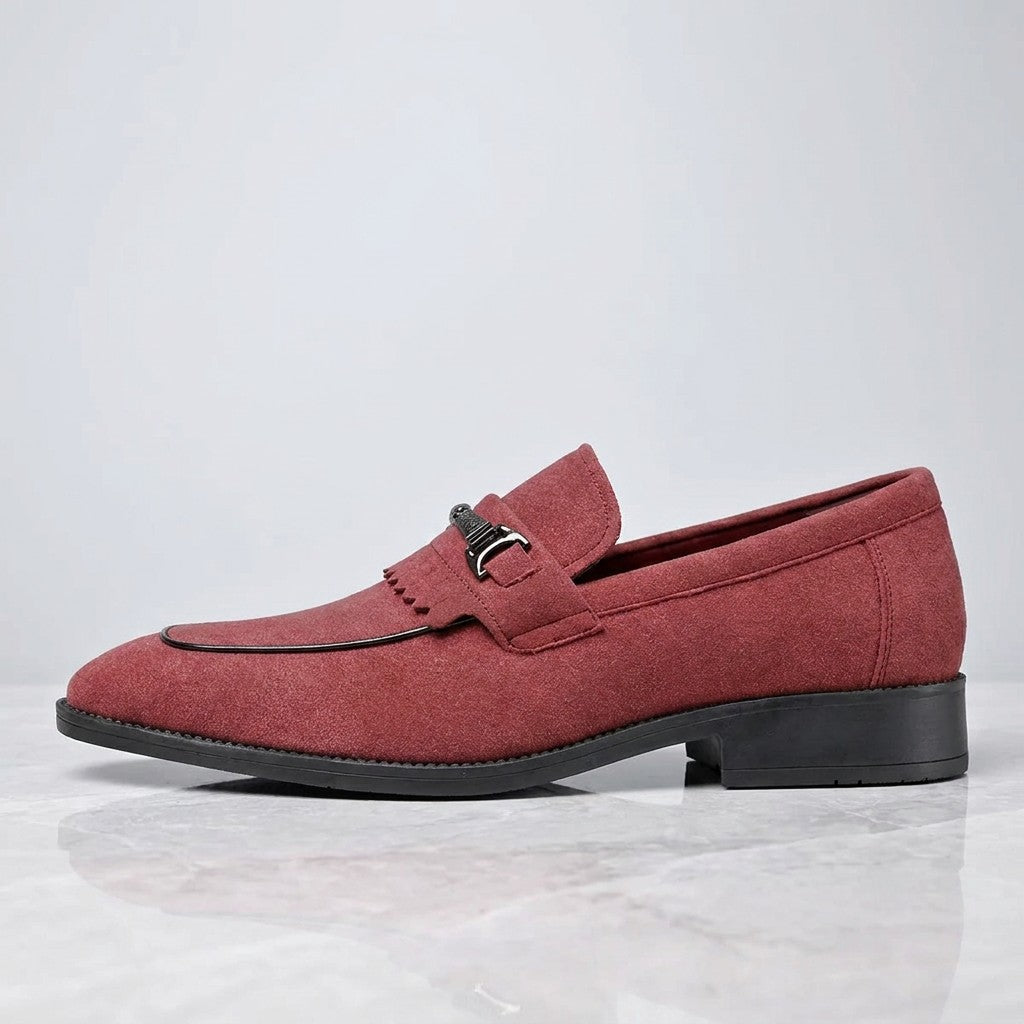 Modica Kiltie Bit Loafers — Red suede, single loafer in side profile on light grey marble
