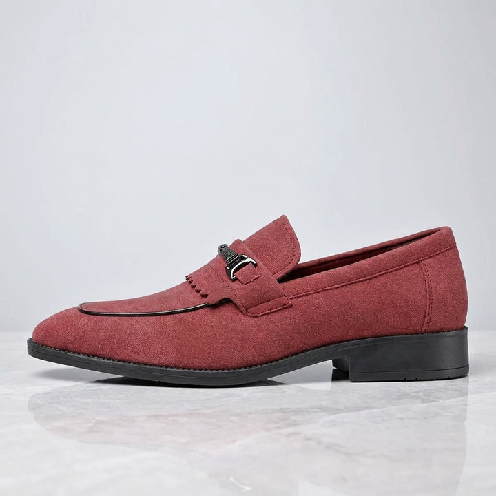 Modica Kiltie Bit Loafers — Red suede, single loafer in side profile on light grey marble