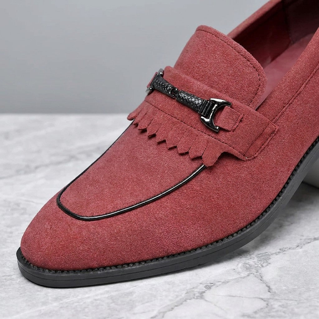 Modica Kiltie Bit Loafers — Red suede, close-up of the silver-tone bit, fringed kiltie and almond toe