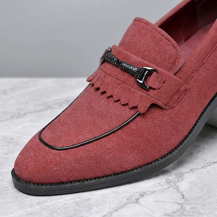 Modica Kiltie Bit Loafers — Red suede, close-up of the silver-tone bit, fringed kiltie and almond toe