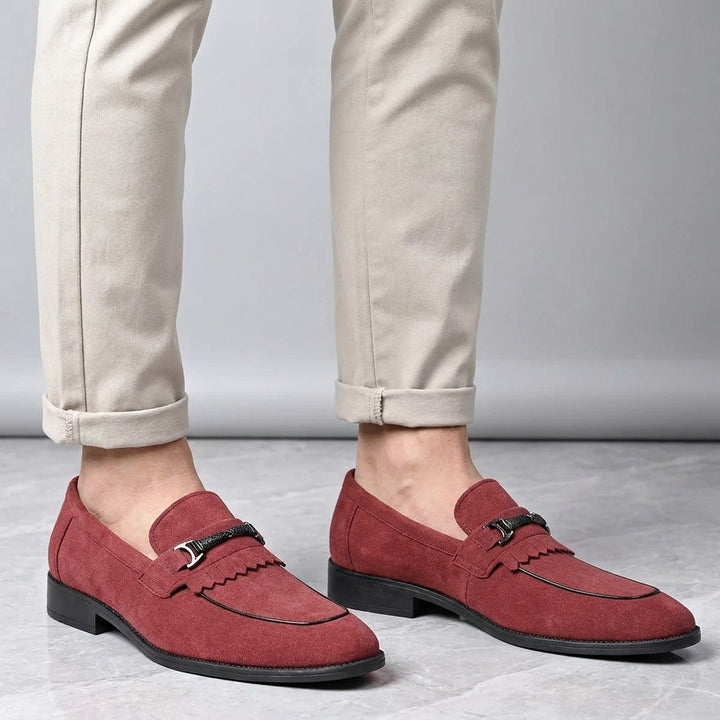 Modica Kiltie Bit Loafers — Red suede, worn with cuffed stone chinos, knee-down on light grey marble