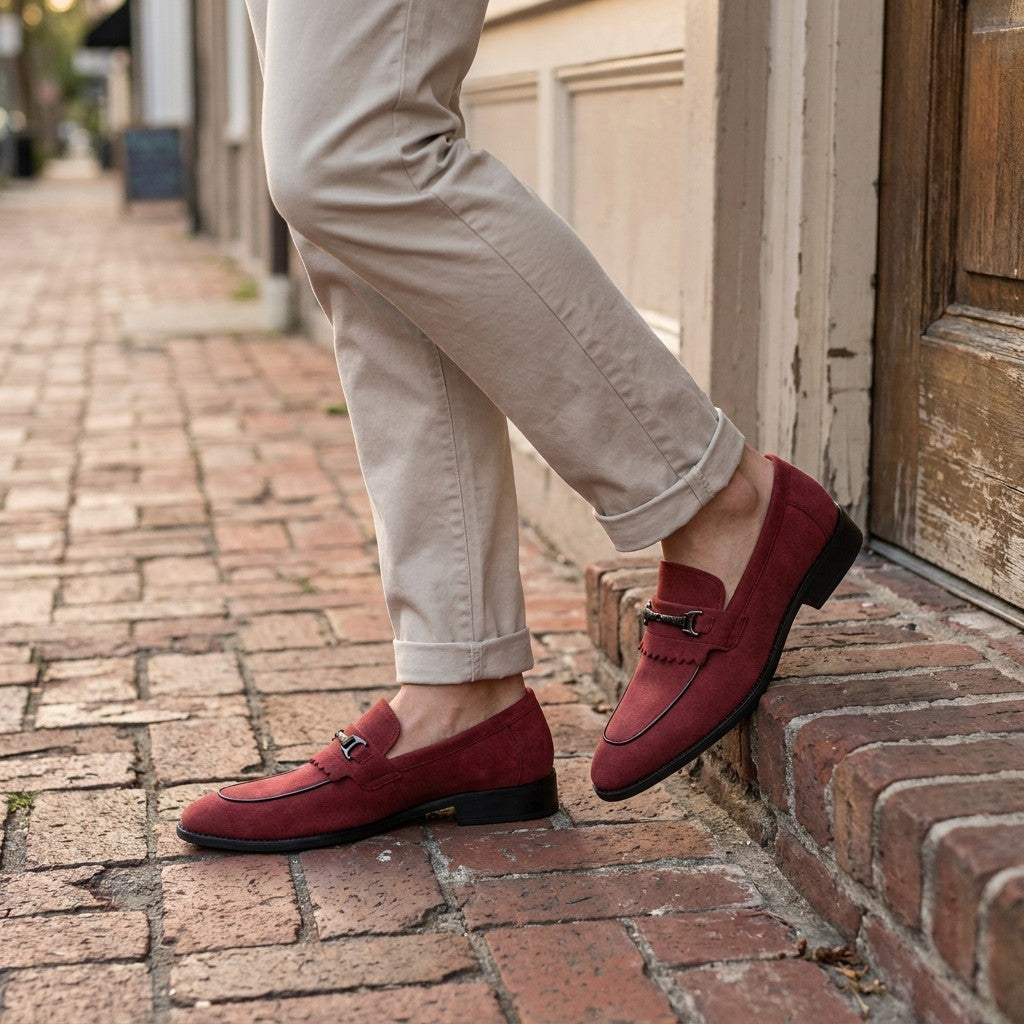 Modica Kiltie Bit Loafers — Red suede, worn with cuffed stone chinos on a brick sidewalk