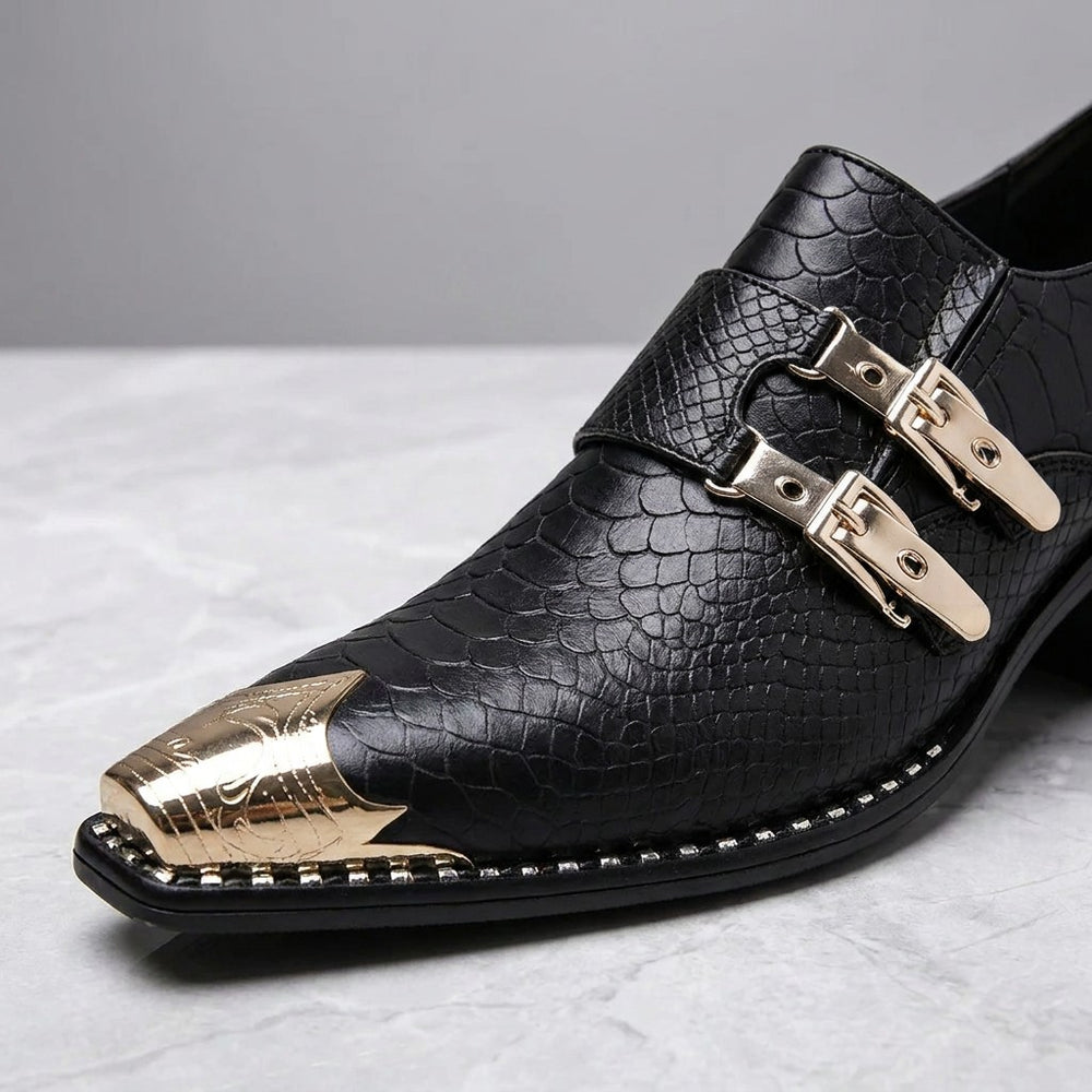 Snakeskin Monk Shoes — Black, close-up of buckles and metal toe cap