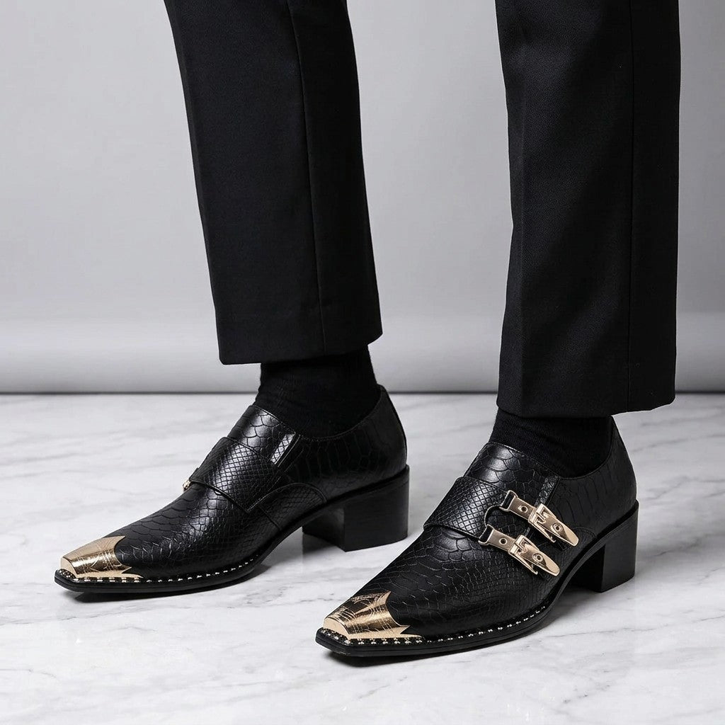 Snakeskin Monk Shoes — Black, worn on foot, studio