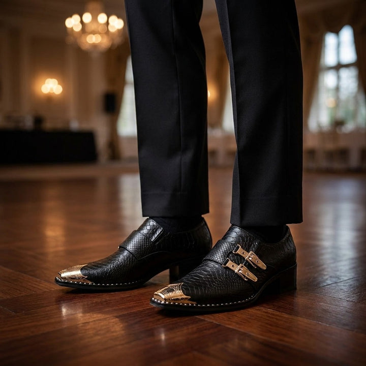 Snakeskin Monk Shoes — Black, worn on foot, ballroom dance floor