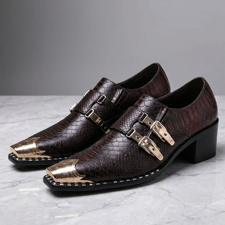 Snakeskin Monk Shoes — Brown, hero three-quarter pair