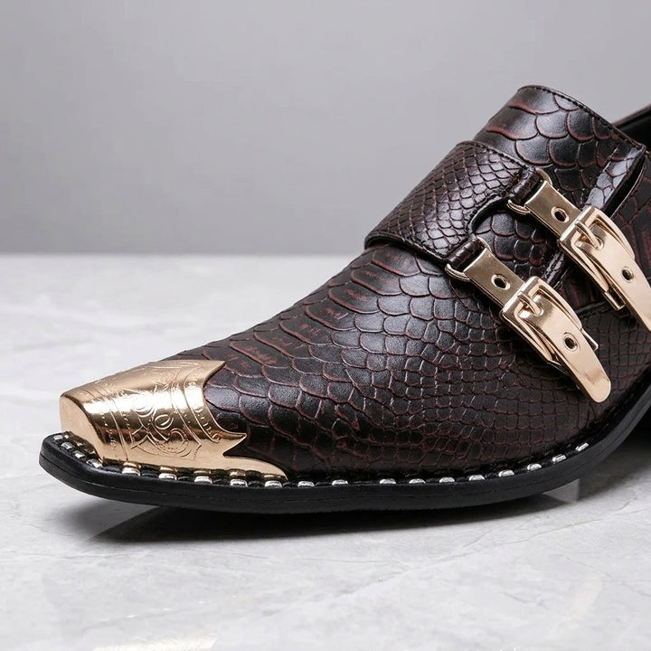 Snakeskin Monk Shoes — Brown, close-up of buckles and metal toe cap